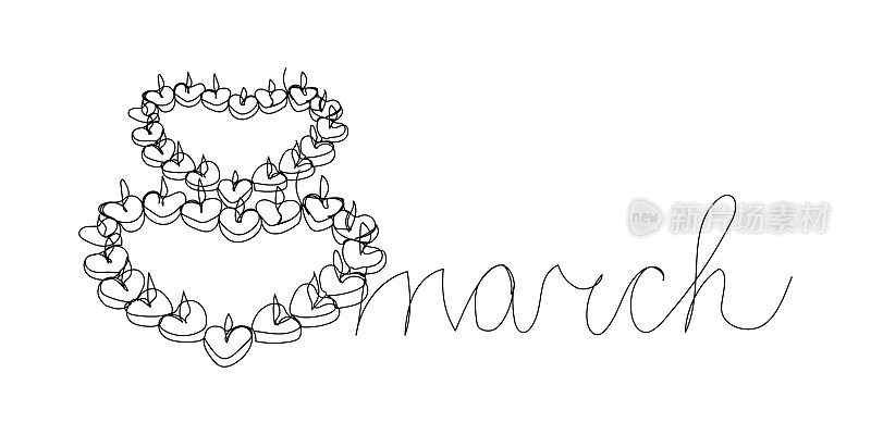 Happy 8 march贺卡用心形蜡烛连续线条绘制。一行手写体，国际妇女节。